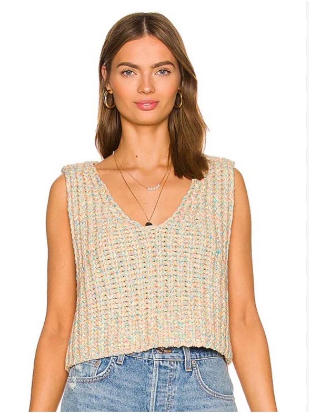 Free People Multitone Knit V-Neck Crop Top — Peach, Blue & Cream